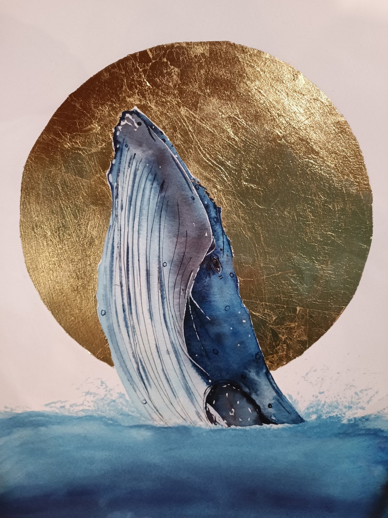 Happy Humpback Whale Print Gold Leaf, Silver Leaf, Copper Leaf, Giclee image 3