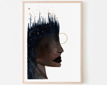 The First Queen Watercolor Portrait Giclee Print Dark Black Gold