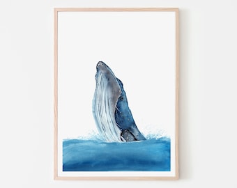 Happy Humpback Whale Print Gold Leaf, Silver Leaf, Copper Leaf, Giclee