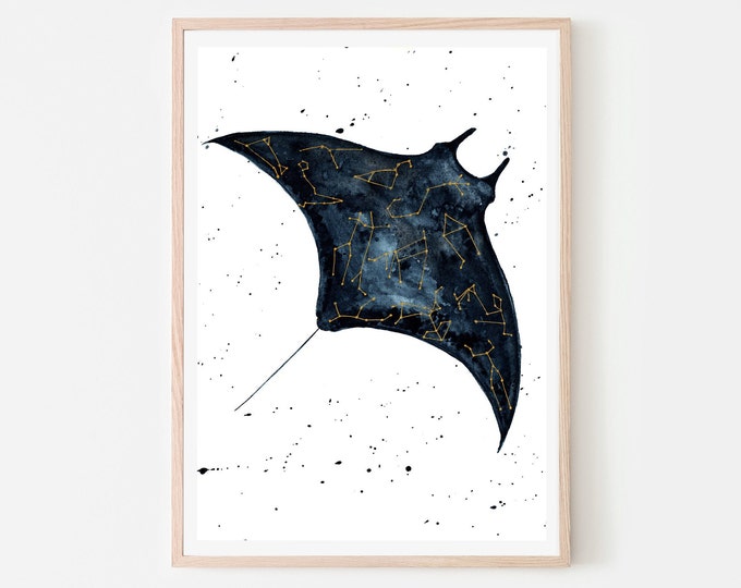 Zodiac Sky Manta Gold Leaf Watercolor Astrology Sagittarius Scorpio Pisces Libra Leo Cancer Gemini Aquarius Aries Taurus Virgo Capricorn