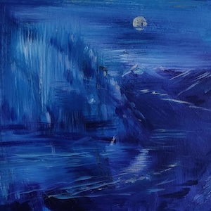 Bildende Kunst, abstraktes Ölbild, moderne Kunst, Landschaftsmalerei, Landschaftsmalerei blau, Landschaftsmalerei, dunkelblau, Ultramarin