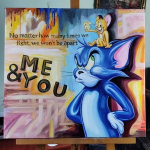 Pintura a óleo de Tom e Jerry, presente legal para amigos, pintura de desenho animado famoso, 100% pintada à mão sob encomenda, arte colorida, presente de arte de parede de desenho animado
