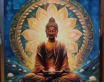May include: A painting of a golden Buddha meditating on a lotus flower. The Buddha is surrounded by a glowing halo and a blue background with white lotus flowers.