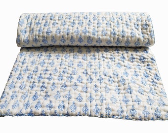 Hand Block Printed Cotton Quilt: Reversible Indian Blanket, Ethnic Throw
