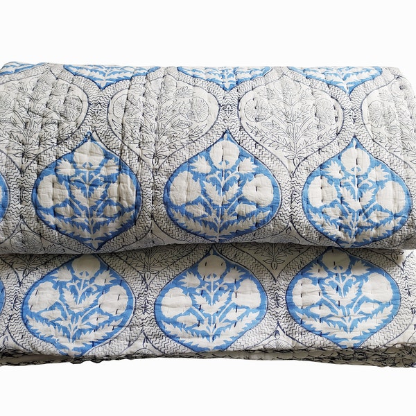Indigo Printed Handmade Quilt Jaipuri Razai Blue kantha Quilt Coverlet Blanket Bedspread Quilt Soft Cotton Filling Bedding Thow