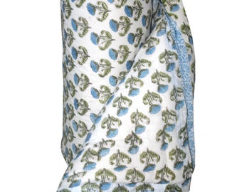 Blue Floral Kantha Quilt - Hand Block Print Indian Razai Bedspread