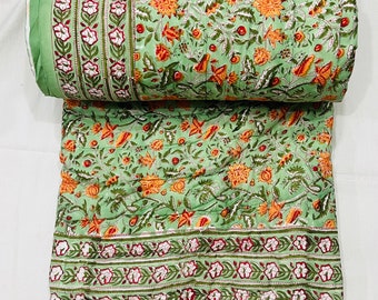 Green Cotton Block Print Kantha Quilt, Handmade Reversible Bedspread