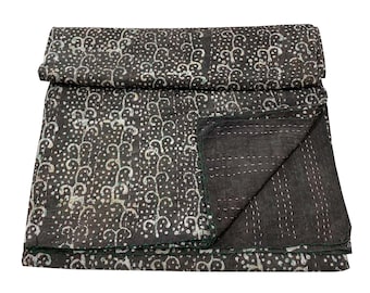 Hand Block Print Kantha Quilt - Bohemian Cotton Bedspread (Queen Size)