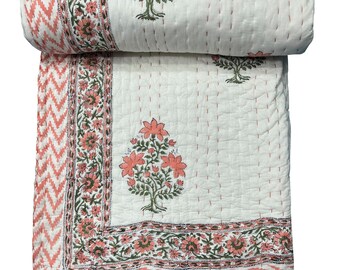 Jaipur Pink Floral Block Print Kantha Quilt, Handgefertigte Baumwolle Tagesdecke