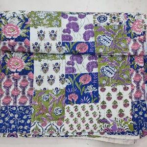 Patchwork Floral Kantha Quilt, Handmade Cotton Bedspread, Indian Boho Bed Cover, Summer Blanket