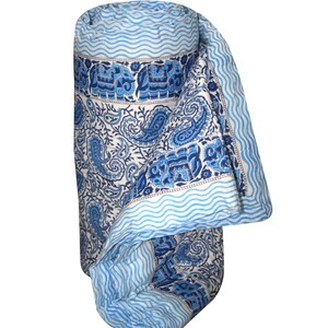 Indian New Blue Hand Block Floral Printed Quilt Cotton Filling Light Weight Coverlet Quilt Razai Throw Ethnic Handmade Blanket
