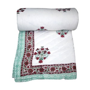 Indian Hand Block Print Cotton Quilts Kantha Floral Quilt, Indian Handmade Reversible Jaipuri Razai, Quilt Block Print Indian Quilt