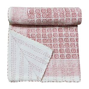 Handmade Floral kantha Quilt,Indian Bedspread,Vintage Bedroom Decor,Beautiful Blanket