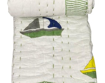 Hand Block Print Baby Quilt, Floral Cotton Kantha Blanket