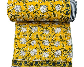 Handmade Yellow Floral Kantha Quilt: Reversible Indian Bedspread