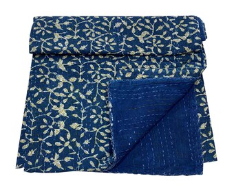 Floral Kantha Quilt: Handmade Indian Cotton Bedspread, Boho Throw Blanket