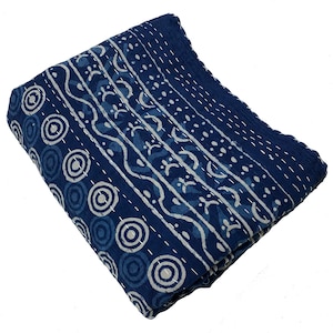 New Indian Hand Block Print Rare Indigo Kantha Quilt Indigo Hand Made Kantha Blanket throw bedding Kantha Quilt Indigo kantha