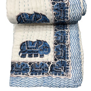Indian Elaphent Handmade Kantha Quilt Throw Cotton Bedspread Gudari Kantha Quilt