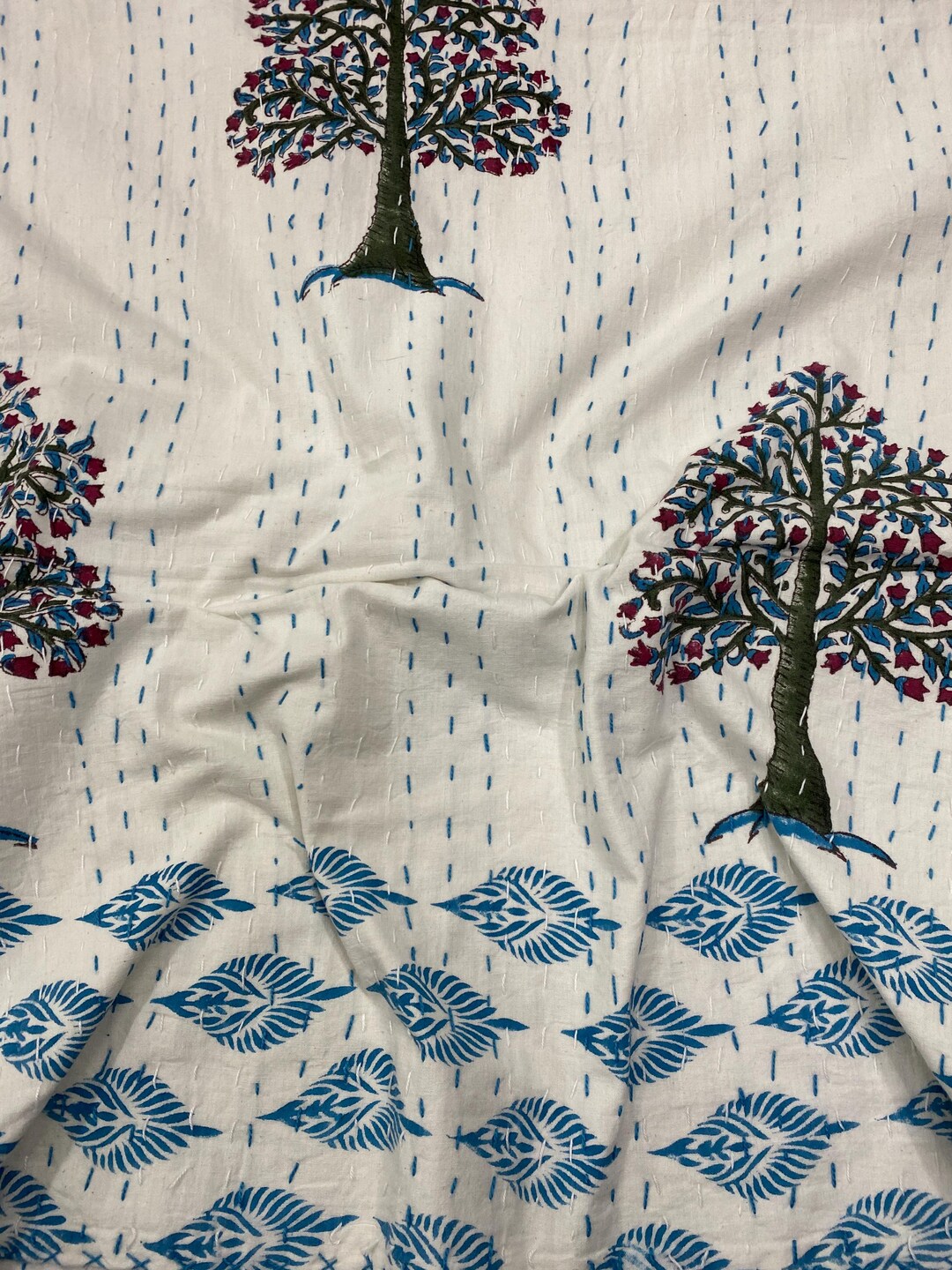 Handmade - Hand Block Print Tree Kantha Quilt Reversible Cotton Throw ...