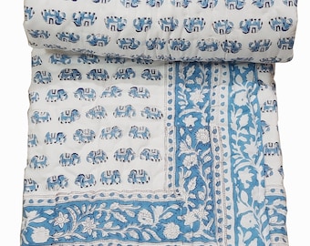 Indian Block Print Quilt, Reversible Cotton Floral Razai Blue Small Elephant Print