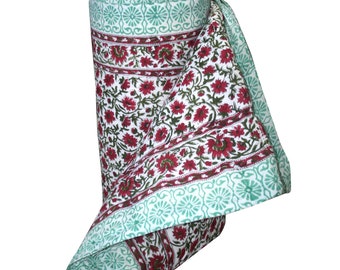 Hand Block Floral Cotton Quilt, Reversible Indian Razai Blanket