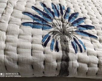 Palm Tree Quilt, Blue Kantha Indian Razai, Handmade Cotton Bedspread