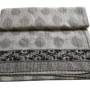 Edredón Kantha de hojas grises hecho a mano, cubrecama reversible de algodón tamaño king (90x108 pulgadas)