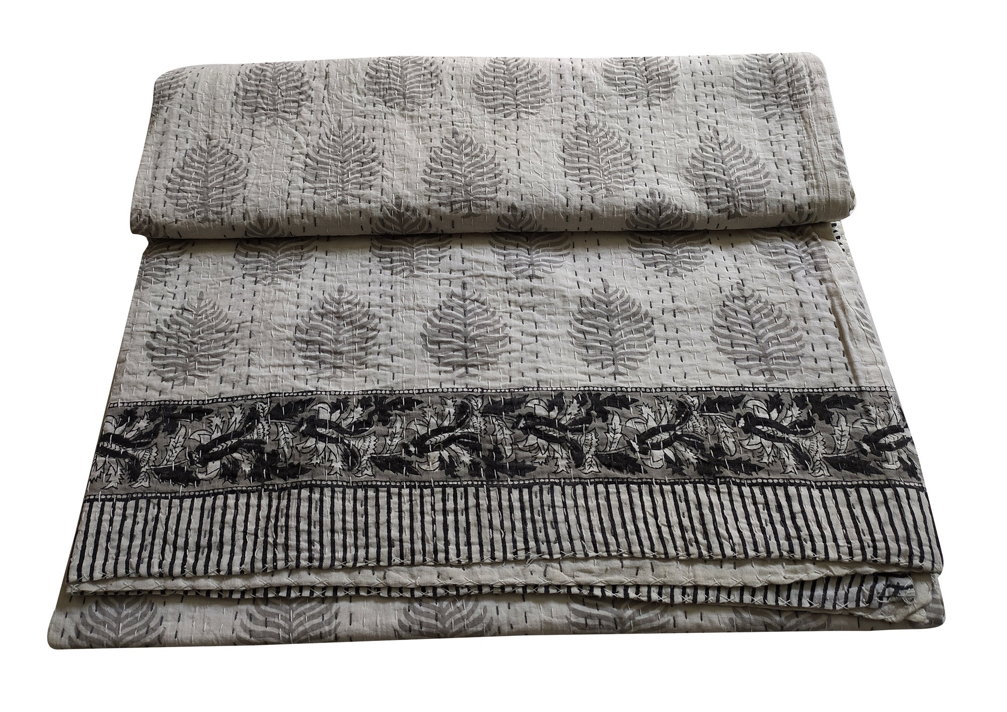 Leaf Handmade Grey Kantha quilt White and Grey reversible Multipurpose Kantha Throw, Cotton Quilted Kantha Bedcover, King Quilt 90x108'