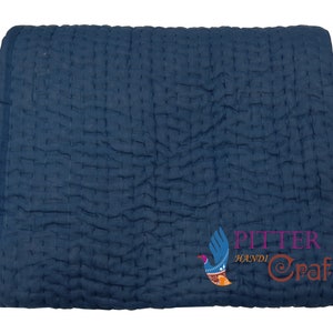 Hand Block Printed Kantha Quilt Handmade Indian Kantha Blanket Blue Kantha Throw Natural Color Throw Quilt King Size