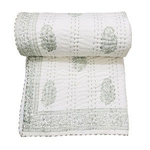New Floral Block Print Kantha Quilt Hand90amde Block Quilt Kantha Throw Bedspread Block Quilt Kinge Size 90X 108