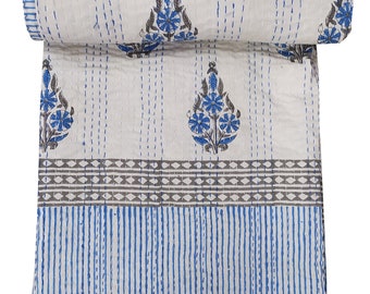Hand Block Print Kantha Quilt - Bohemian King Size Bedspread