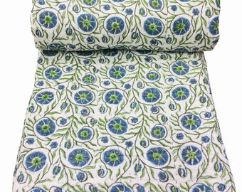 Handmade Indian Cotton Kantha Quilt: Floral Bedspread