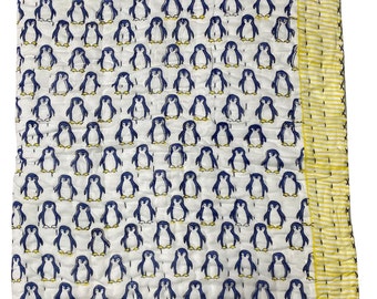 Hand Block Printed Baby Quilt, Penguin Animal Pattern, Indian Kantha, 40x60 Inches
