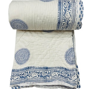 Indian Reversible Hand Block Print Cotton Quilt 100% Cotton Soft Quilt Light Weight Jaipuri Hand Made Cotton Quilt Razai