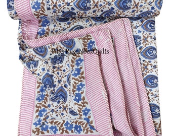 Hand Block Print Cotton Dohar: Floral AC Quilt, Twin/King