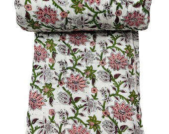 Handmade Reversible Cotton Quilt, Jaipuri Floral Block Print Blanket