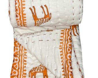 Hand Block Printed Giraffe Baby Quilt, Soft Cotton Blanket