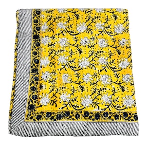 Kantha Stitch Pure Cotton Reversible Bed Throw King size Handmade Handprint Floral kantha