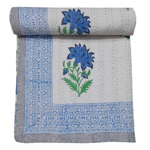 Indigo Palm Tree Quilt Kantha Bedcover ,Block PARINTED ,Indian hand made king size kantha quilt cotton blanket