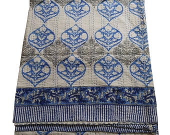 King Size Kantha Quilt Indian Kantha Quilt Grey Blue Block Printed Cotton Blanket Handmade Bedspread 100% Cotton Bedspread Blanket Throw