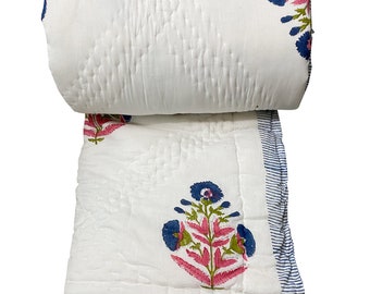Reversible Indian Cotton Quilt: Hand Block Print Jaipuri Razai