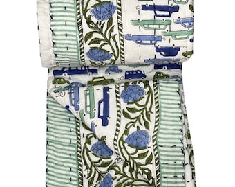 Hand Block Printed Baby Quilt, Floral Animal Print, Soft Cotton Blanket