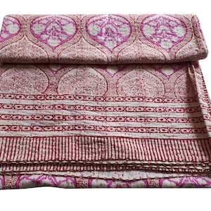 Indian Kantha Quilt Handmade Kantha Bedcover Throw Cotton Blanket Gudari Block Printed Bedspread Bohemian Quilt Queen Size