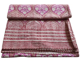 Indian Kantha Quilt Handmade Kantha Bedcover Throw Cotton Blanket Gudari Block Printed Bedspread Bohemian Quilt Queen Size