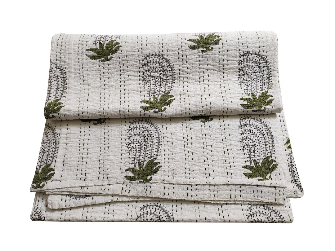 Couverture De Lit Kantha Fait Main - Motif Fleurs, Taille Queen, Bleu Ciel, 100% Coton