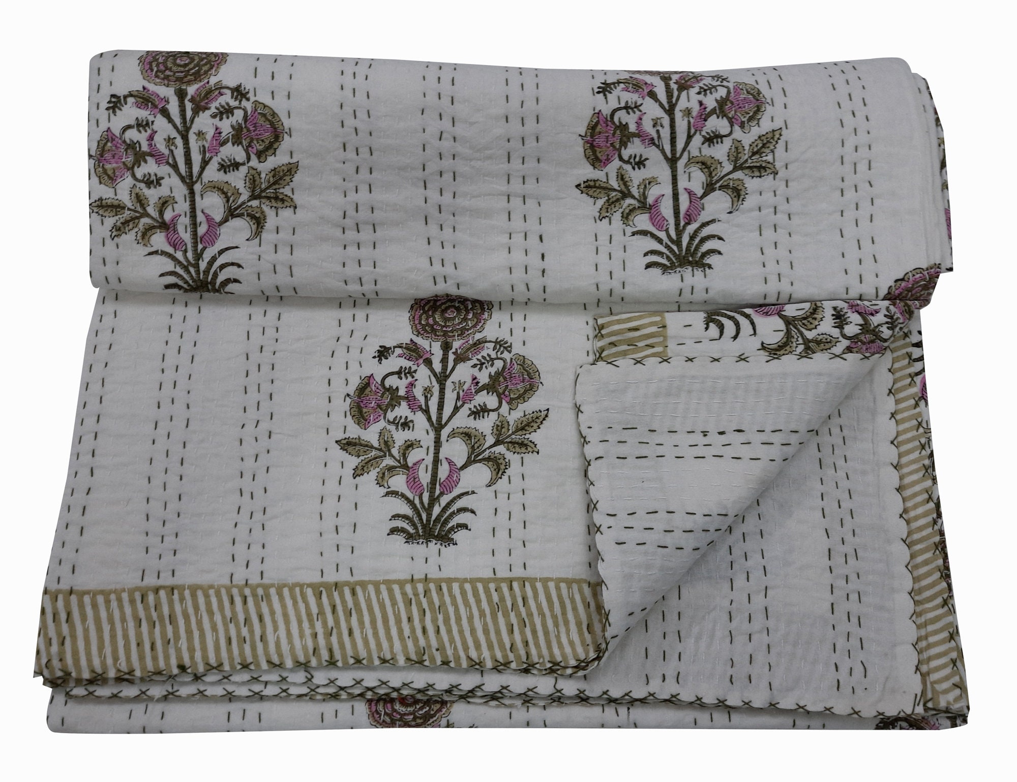 kantha quilt × hand block print dress Hand Block Print Cotton Kantha Quilt: White Tree Design, Queen