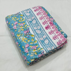 Kantha Quilt Green Hand Stitched Cotton Quilt Hand Made Kantha Quilt Jaipuri Block Print Kantha Quilt 100% Cotton Kantha Quilt
