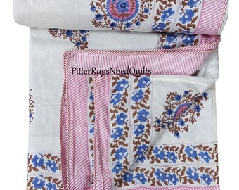 Hand Block Print Cotton Dohar Blanket, Reversible Indian Throw, Twin/King Size