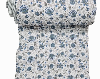 Handmade Floral Block Print Cotton Quilt, Reversible Razai Throw