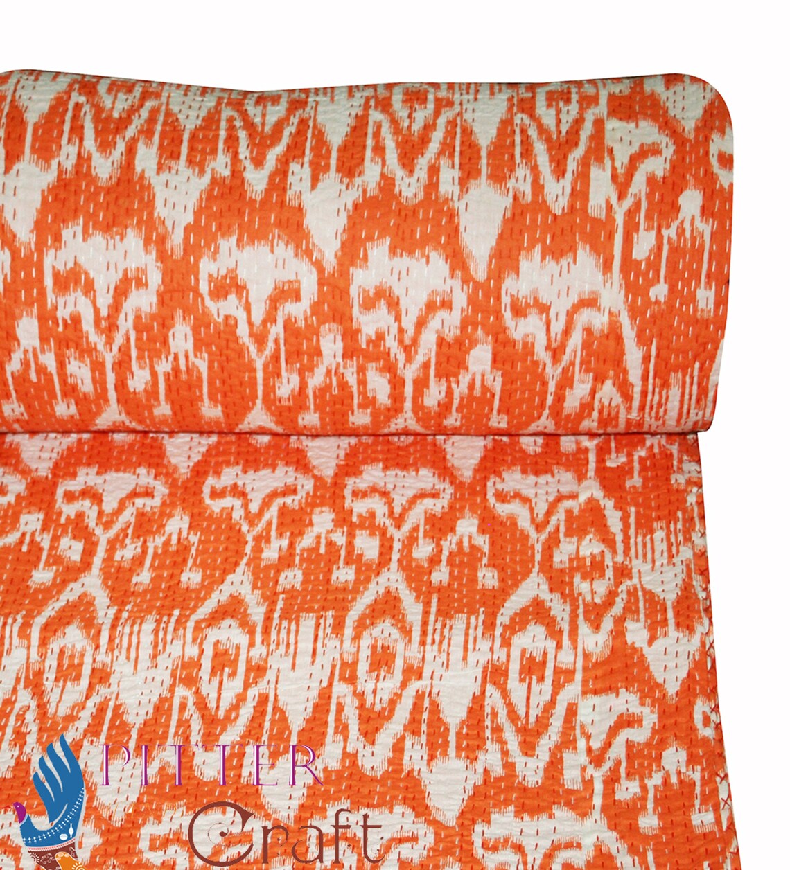 New Ikat Throw Ikat Bedding Orange Bedcover Kantha Quilt Hand Etsy